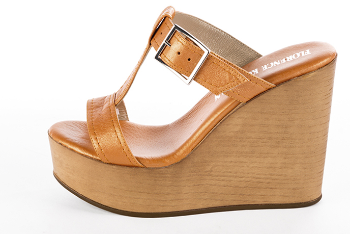Apricot orange women's fully open mule sandals. Round toe. Very high wedge soles. Profile view - Florence KOOIJMAN